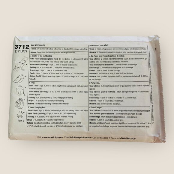 Simplicity Sewing Pattern 3712 Baby Accessories Sling Changing Pad Bunting - Picture 2 of 2